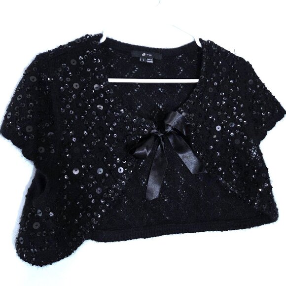 E by Eci Black Beaded Angora Blend Cropped Bolero Cardigan Sweater Size L - Picture 1 of 3